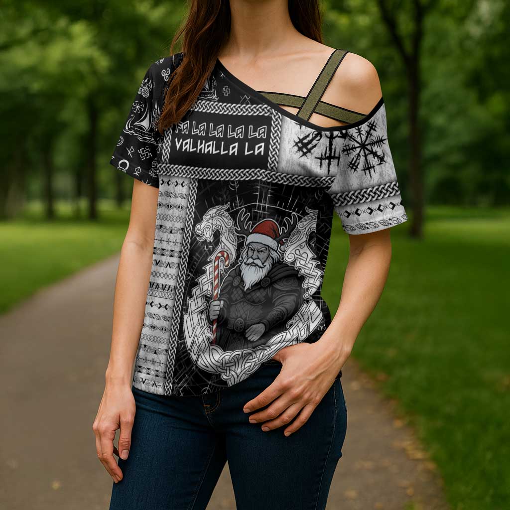 Vikings Christmas Cross Shoulder Shirt Fa La La La Valhalla La - Wonder Print Shop
