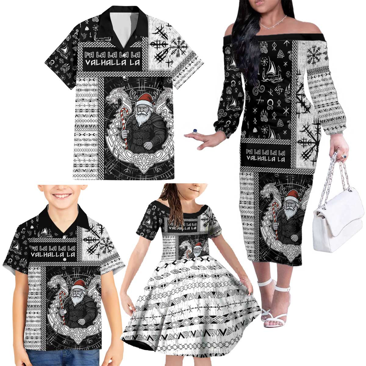 Vikings Christmas Family Matching Off The Shoulder Long Sleeve Dress and Hawaiian Shirt Fa La La La Valhalla La - Wonder Print Shop