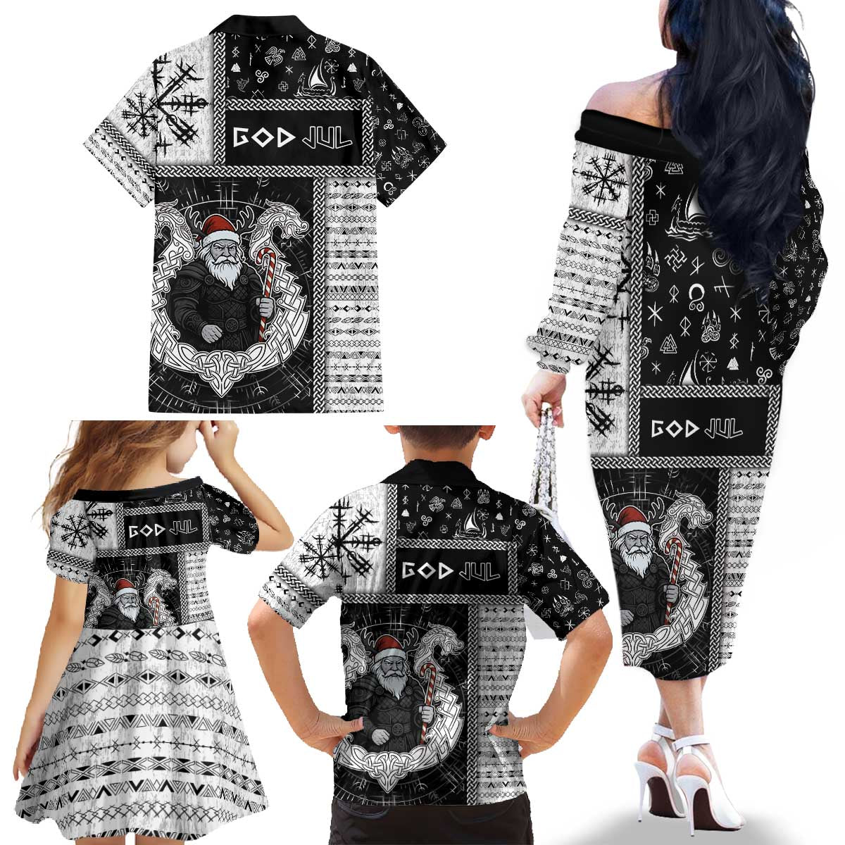 Vikings Christmas Family Matching Off The Shoulder Long Sleeve Dress and Hawaiian Shirt Fa La La La Valhalla La - Wonder Print Shop