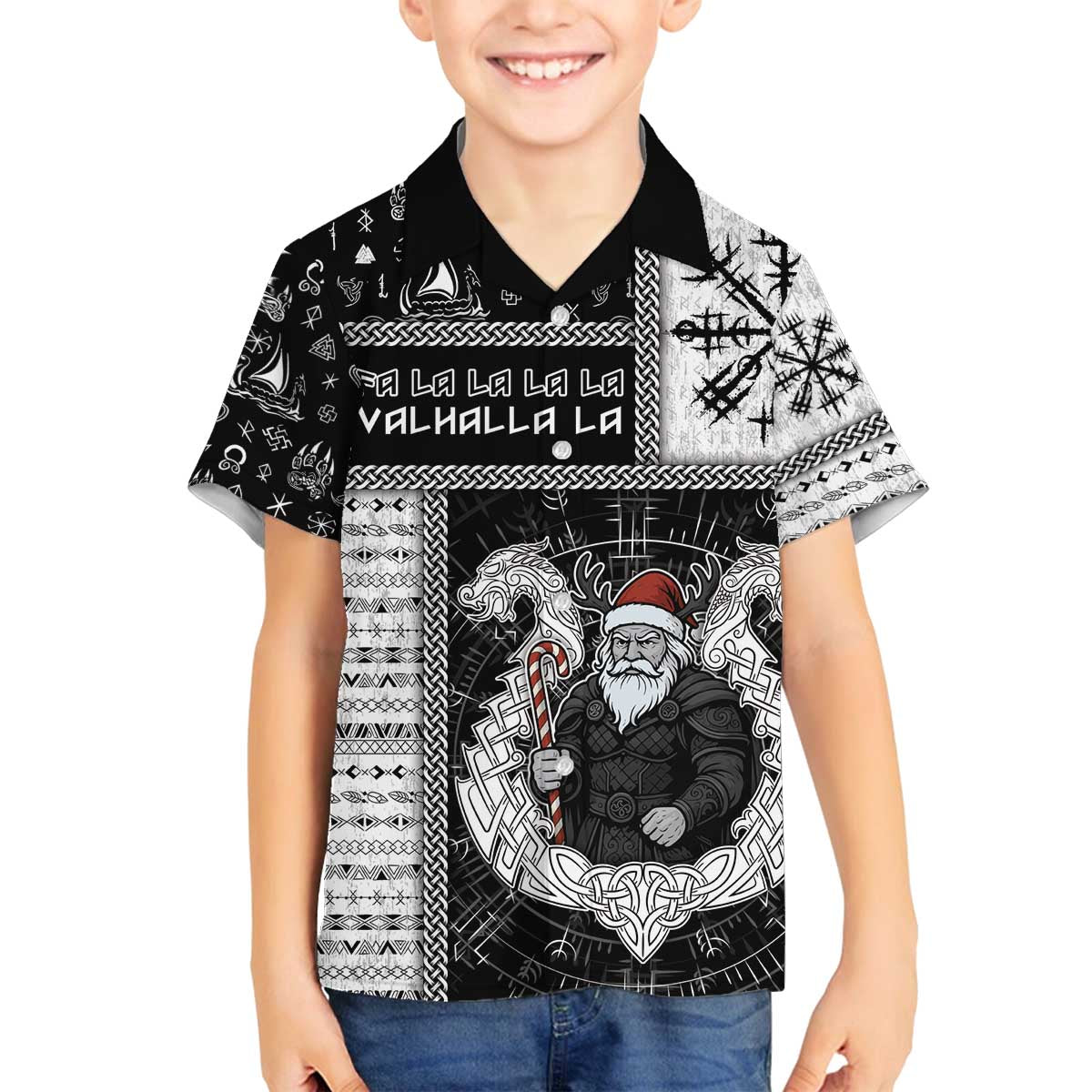 Vikings Christmas Family Matching Off The Shoulder Long Sleeve Dress and Hawaiian Shirt Fa La La La Valhalla La - Wonder Print Shop