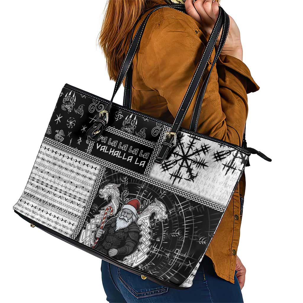 Vikings Christmas Leather Tote Bag Fa La La La Valhalla La - Wonder Print Shop