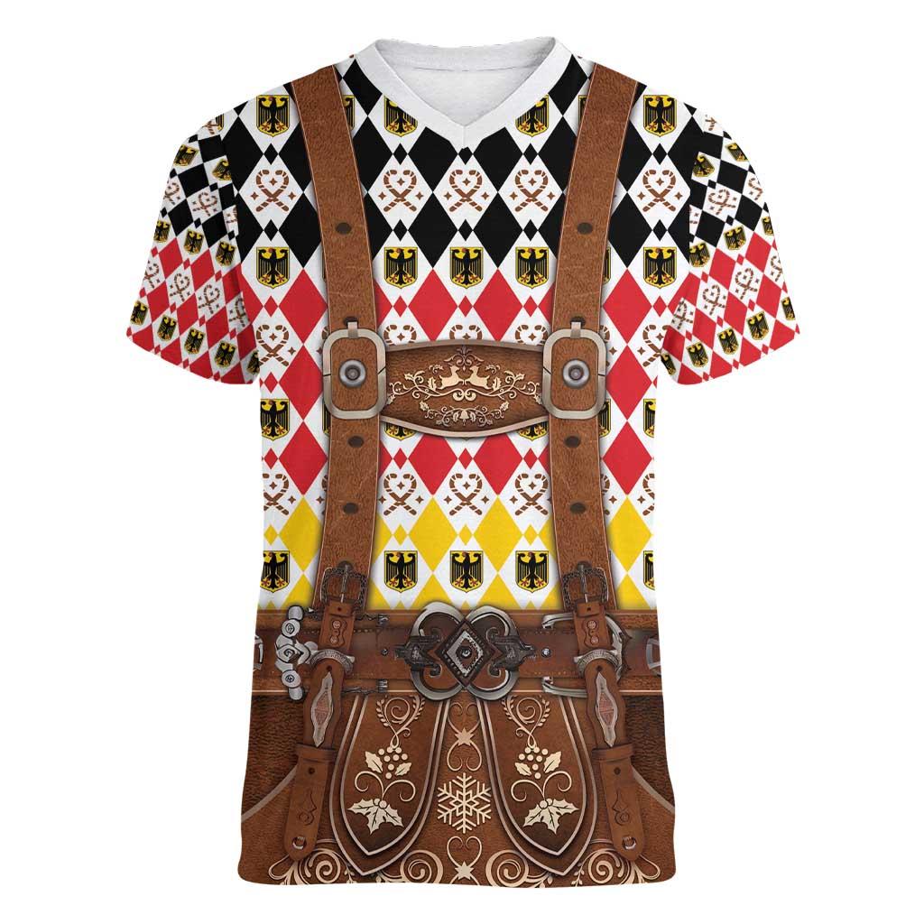 Germany Christmas Women V-Neck T-Shirt Lederhosen Xmas Style - Wonder Print Shop