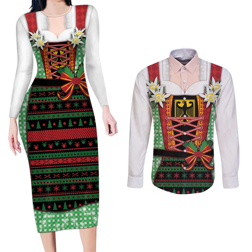 Germany Christmas Couples Matching Long Sleeve Bodycon Dress and Long Sleeve Button Shirt Dirndl Xmas Style - Wonder Print Shop