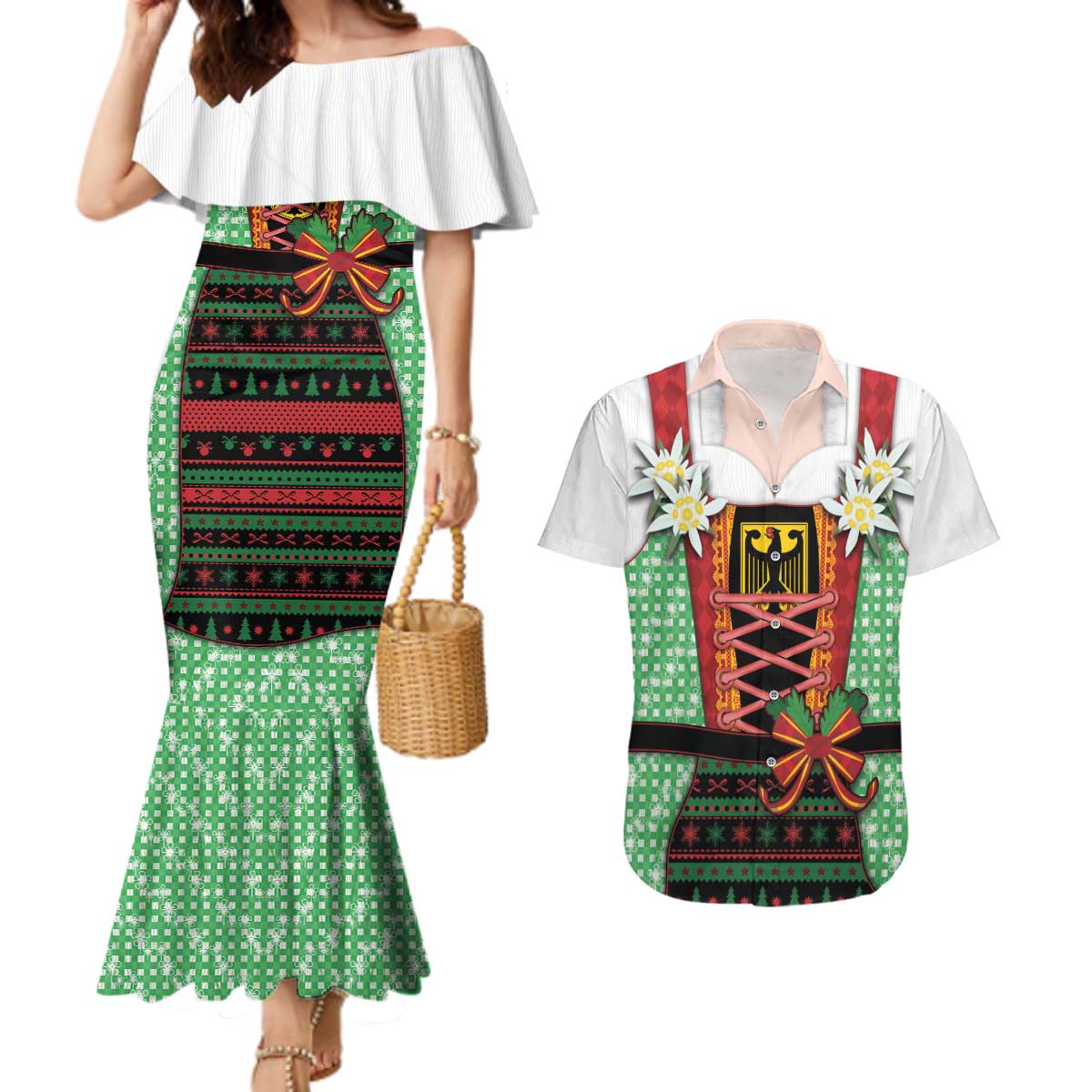 Germany Christmas Couples Matching Mermaid Dress and Hawaiian Shirt Dirndl Xmas Style - Wonder Print Shop