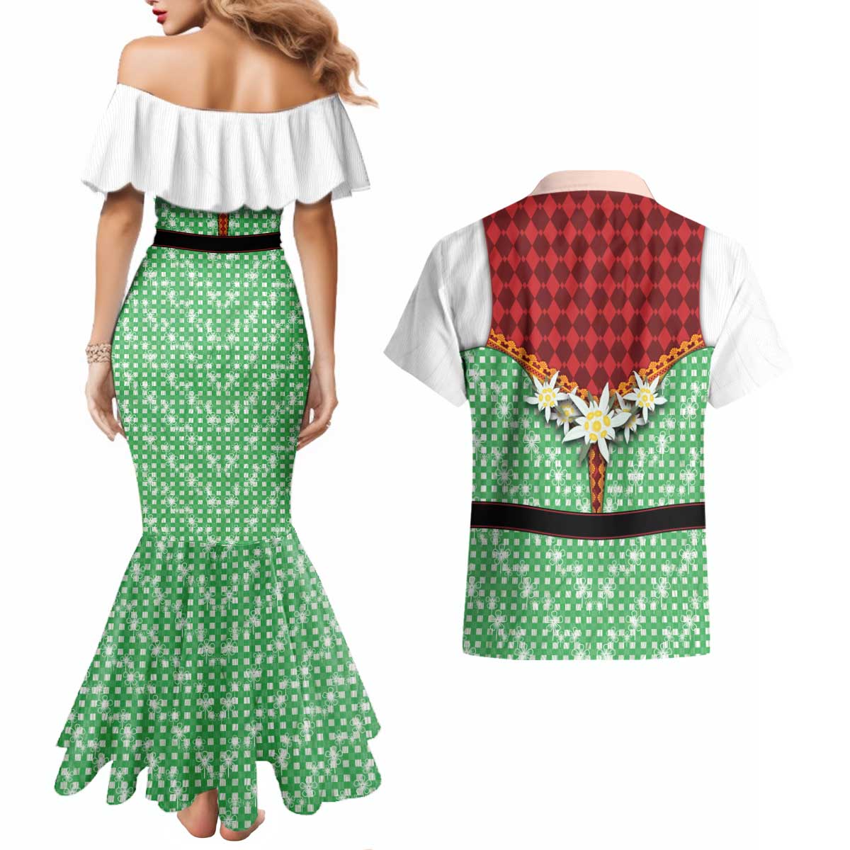 Germany Christmas Couples Matching Mermaid Dress and Hawaiian Shirt Dirndl Xmas Style - Wonder Print Shop