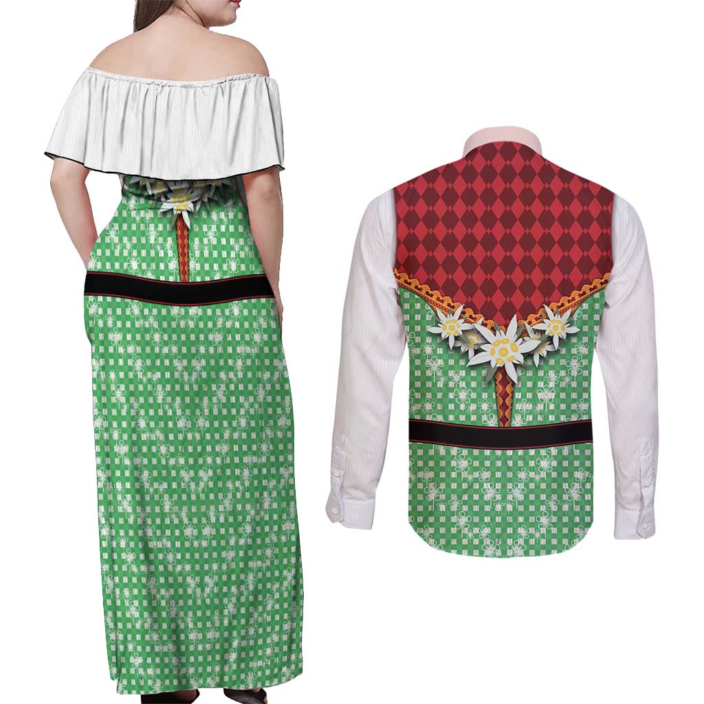 Germany Christmas Couples Matching Off Shoulder Maxi Dress and Long Sleeve Button Shirt Dirndl Xmas Style - Wonder Print Shop