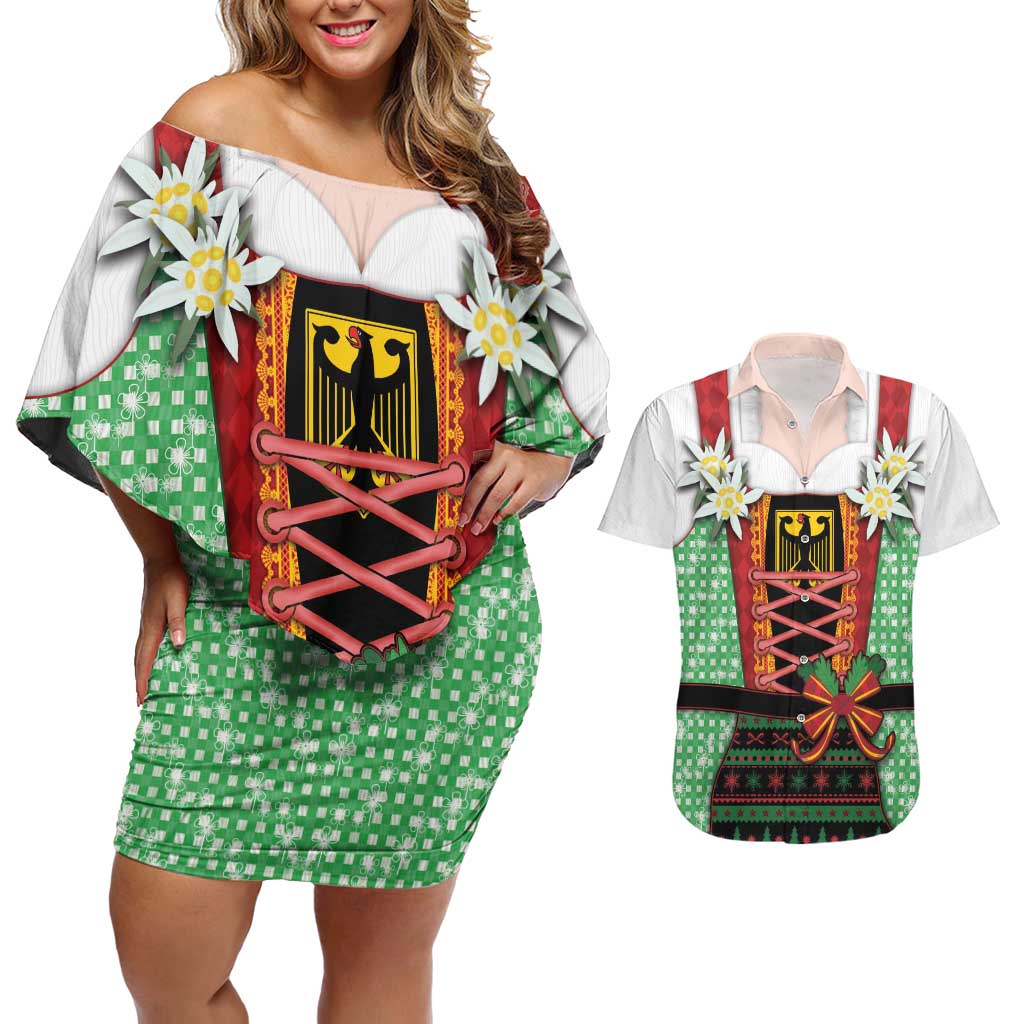 Germany Christmas Couples Matching Off Shoulder Short Dress and Hawaiian Shirt Dirndl Xmas Style - Wonder Print Shop