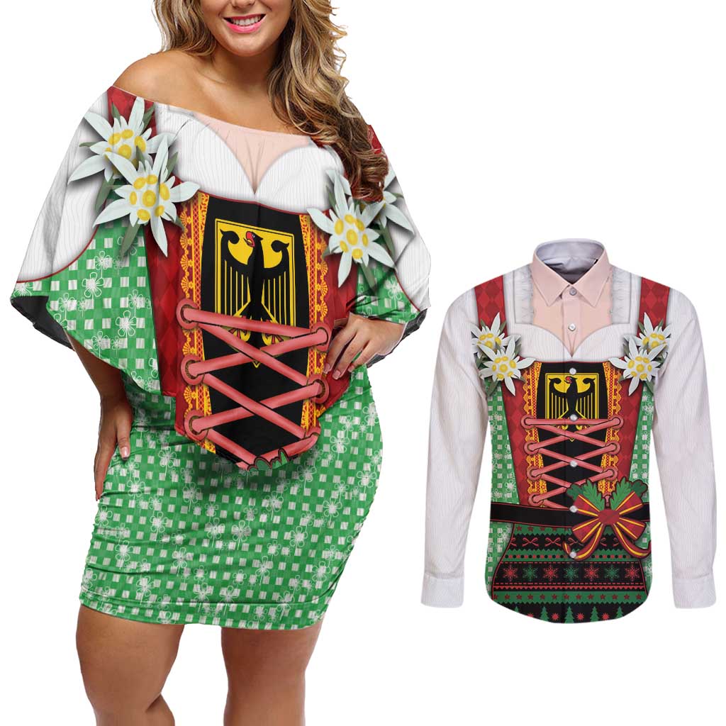 Germany Christmas Couples Matching Off Shoulder Short Dress and Long Sleeve Button Shirt Dirndl Xmas Style - Wonder Print Shop
