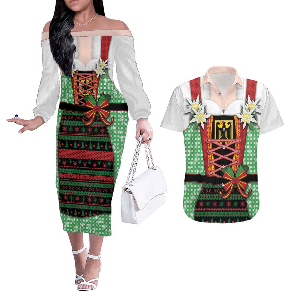 Germany Christmas Couples Matching Off The Shoulder Long Sleeve Dress and Hawaiian Shirt Dirndl Xmas Style - Wonder Print Shop