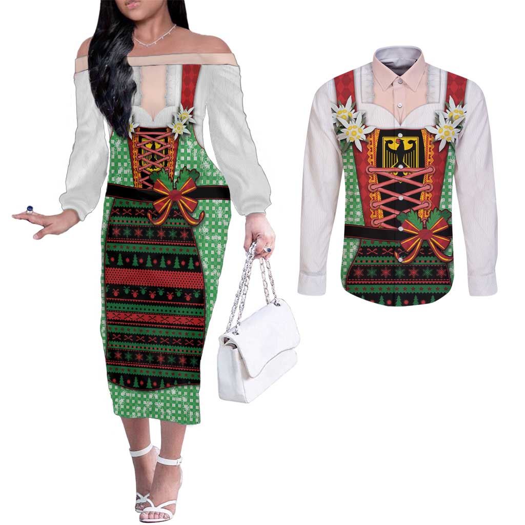 Germany Christmas Couples Matching Off The Shoulder Long Sleeve Dress and Long Sleeve Button Shirt Dirndl Xmas Style - Wonder Print Shop