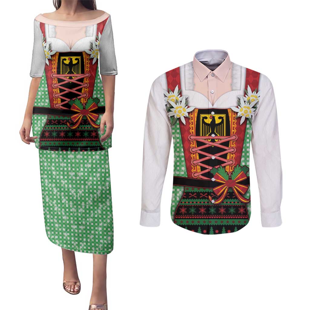 Germany Christmas Couples Matching Puletasi and Long Sleeve Button Shirt Dirndl Xmas Style - Wonder Print Shop