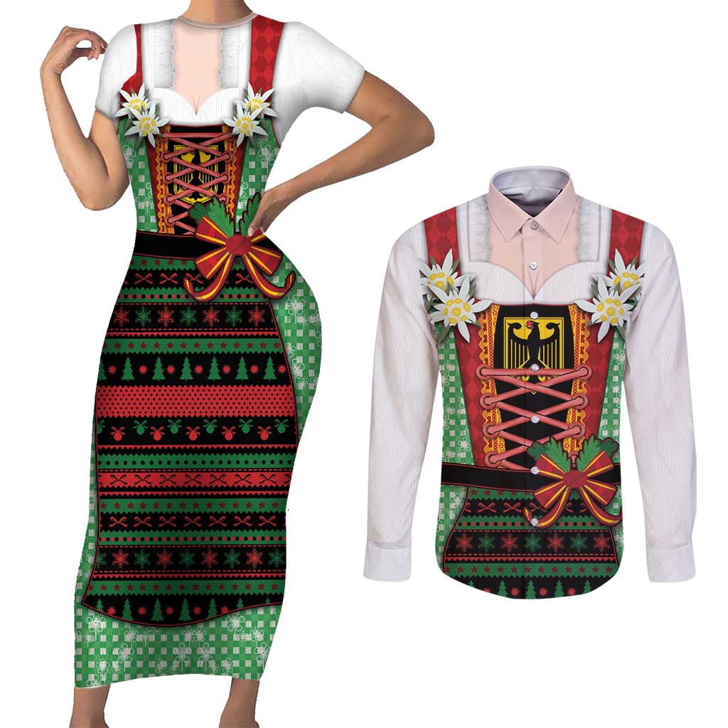 Germany Christmas Couples Matching Short Sleeve Bodycon Dress and Long Sleeve Button Shirt Dirndl Xmas Style - Wonder Print Shop