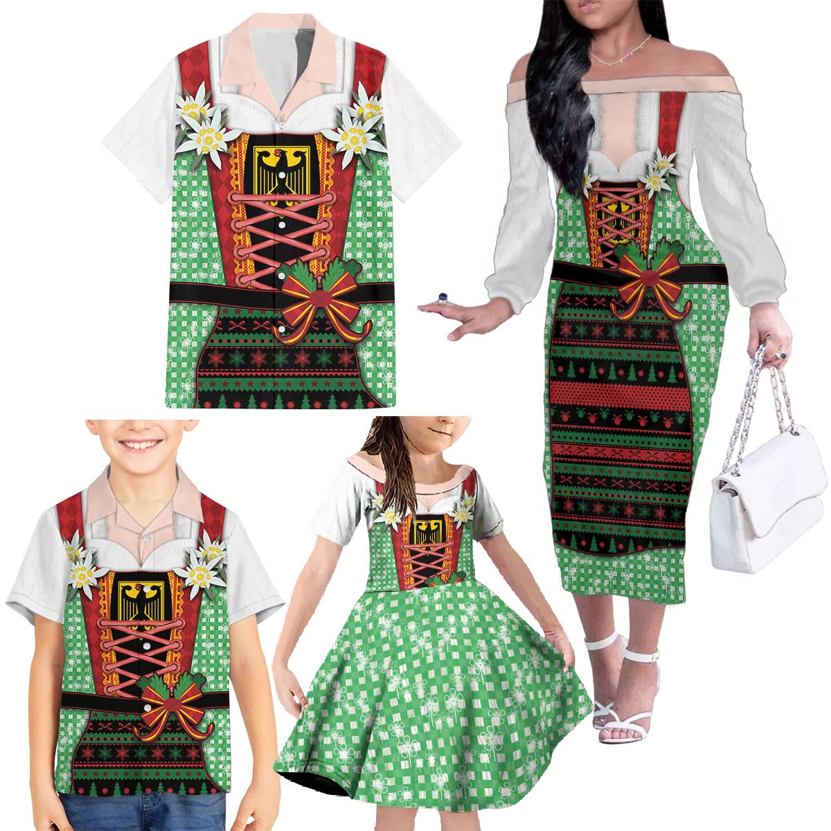 Germany Christmas Family Matching Off The Shoulder Long Sleeve Dress and Hawaiian Shirt Dirndl Xmas Style - Wonder Print Shop