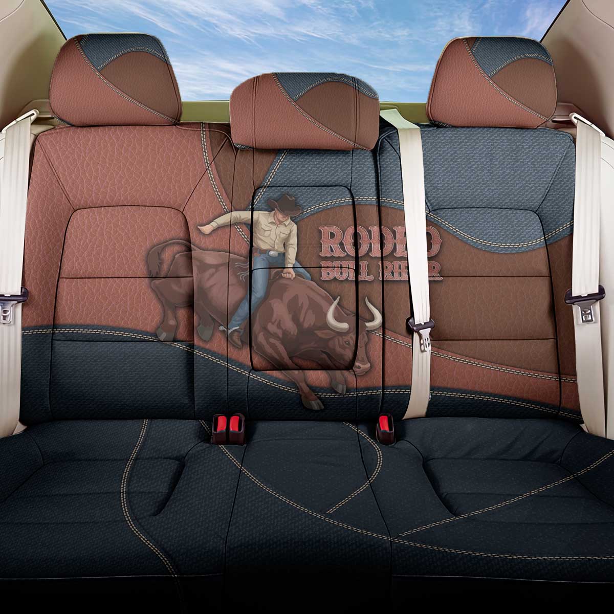 Bull Riding Back Car Seat Cover Western Cowboy Denim And Leather Effect