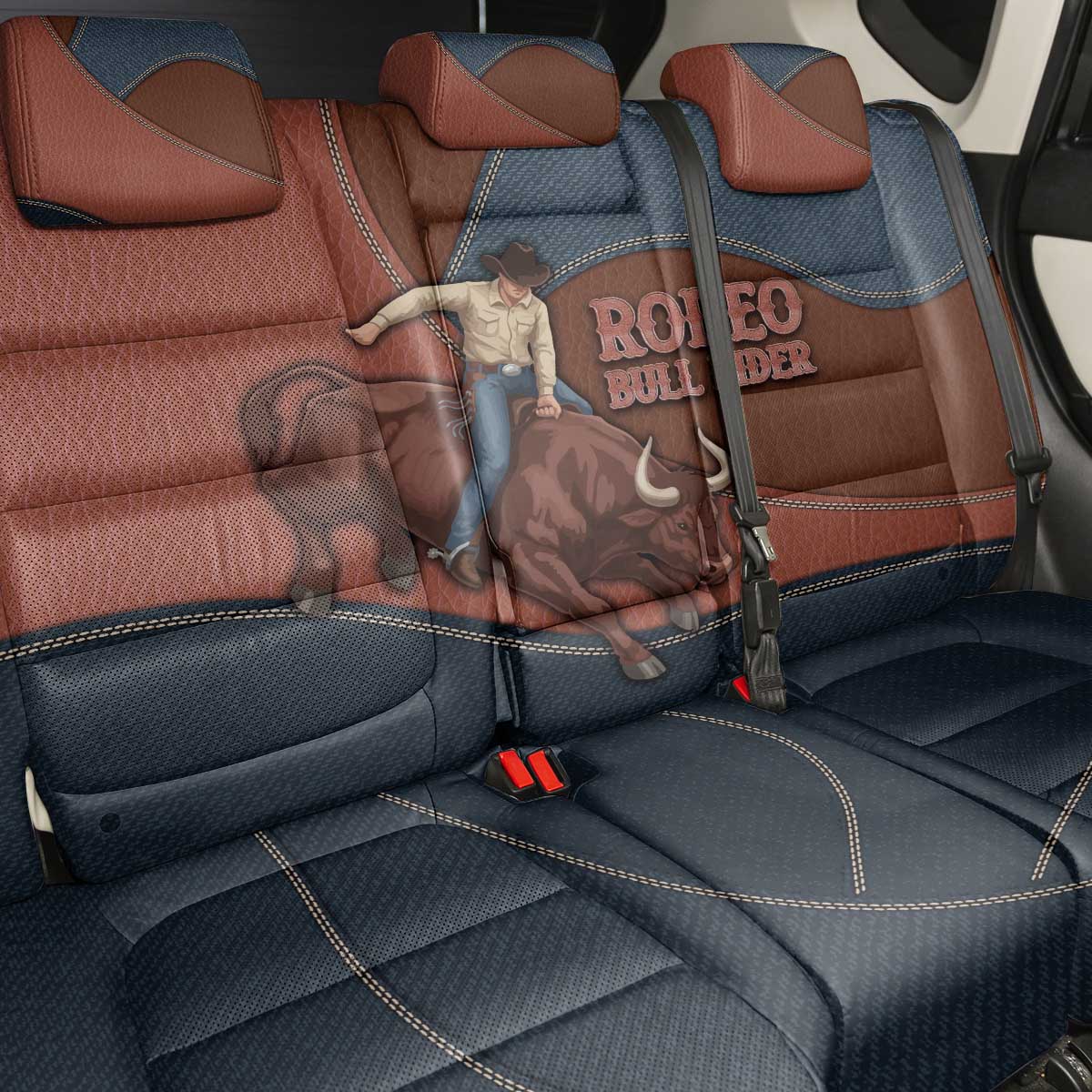 Bull Riding Back Car Seat Cover Western Cowboy Denim And Leather Effect