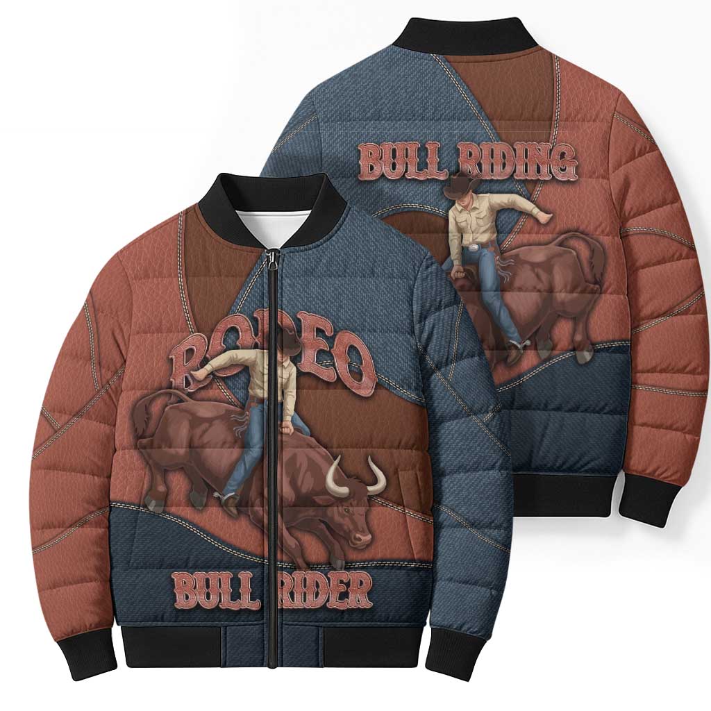 Bull Riding Bomber Puffer Jacket Western Cowboy Denim And Leather Effect