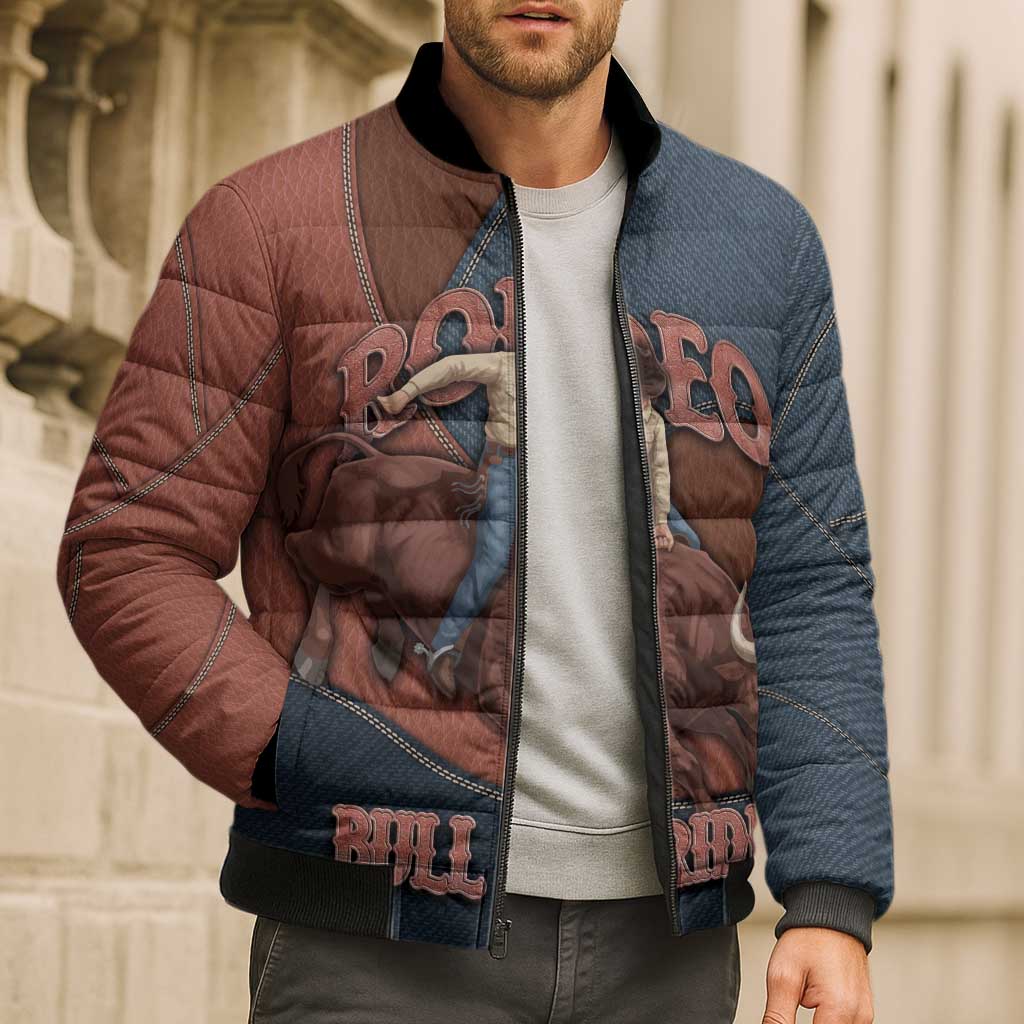 Bull Riding Bomber Puffer Jacket Western Cowboy Denim And Leather Effect