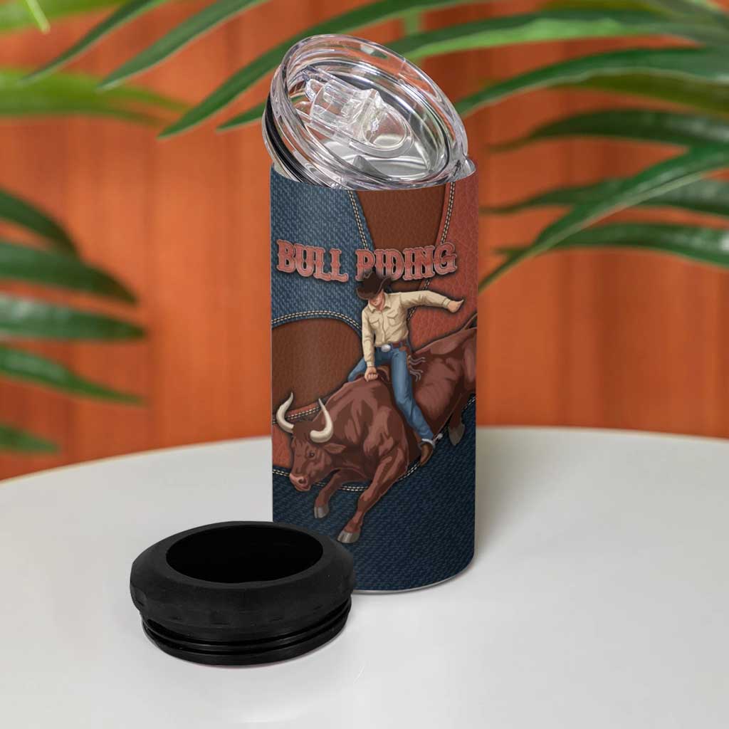 Bull Riding 4 in 1 Can Cooler Tumbler Western Cowboy Denim And Leather Effect