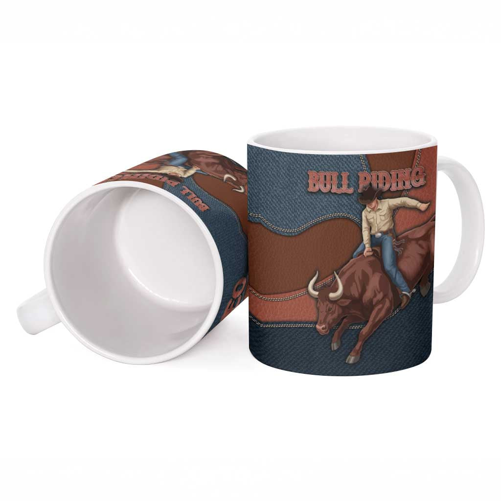 Bull Riding Ceramic Mug Western Cowboy Denim And Leather Effect