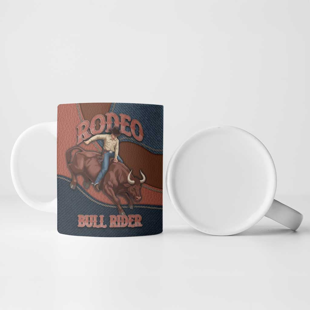 Bull Riding Ceramic Mug Western Cowboy Denim And Leather Effect