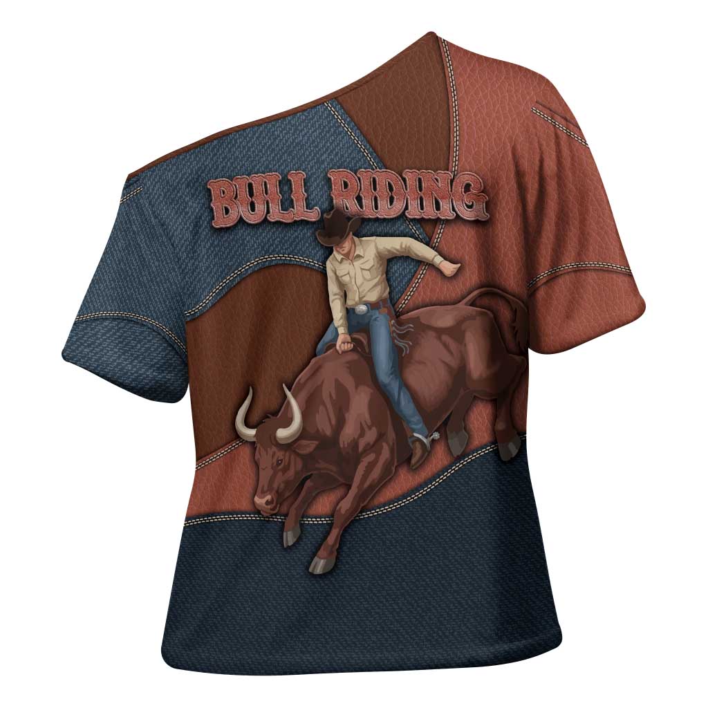 Bull Riding Cross Shoulder Shirt Western Cowboy Denim And Leather Effect