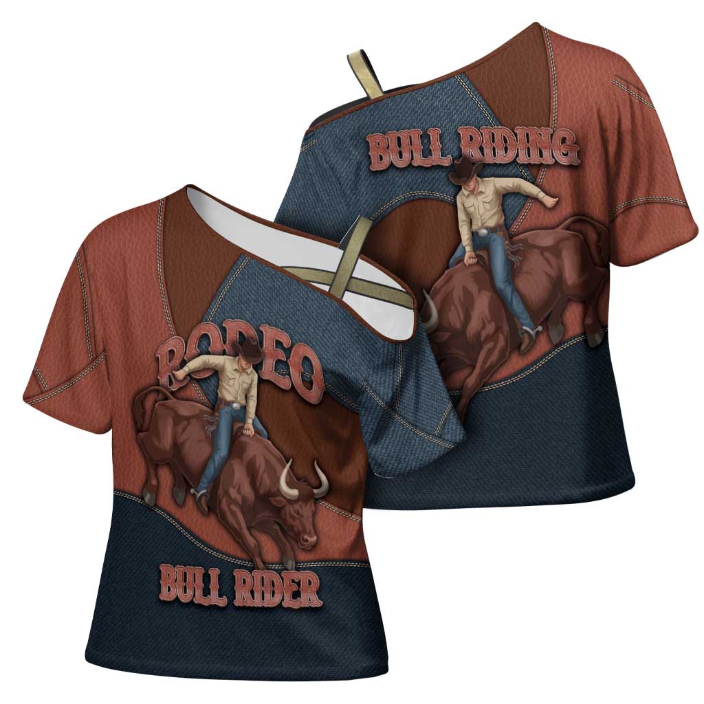 Bull Riding Cross Shoulder Shirt Western Cowboy Denim And Leather Effect