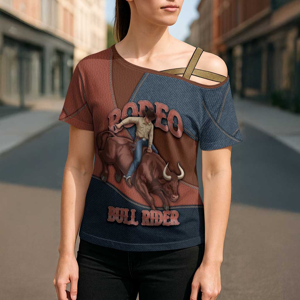 Bull Riding Cross Shoulder Shirt Western Cowboy Denim And Leather Effect