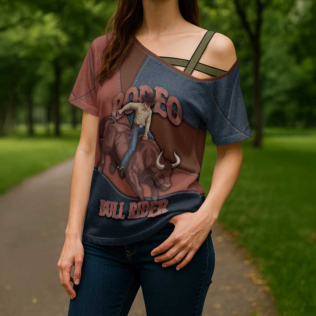 Bull Riding Cross Shoulder Shirt Western Cowboy Denim And Leather Effect