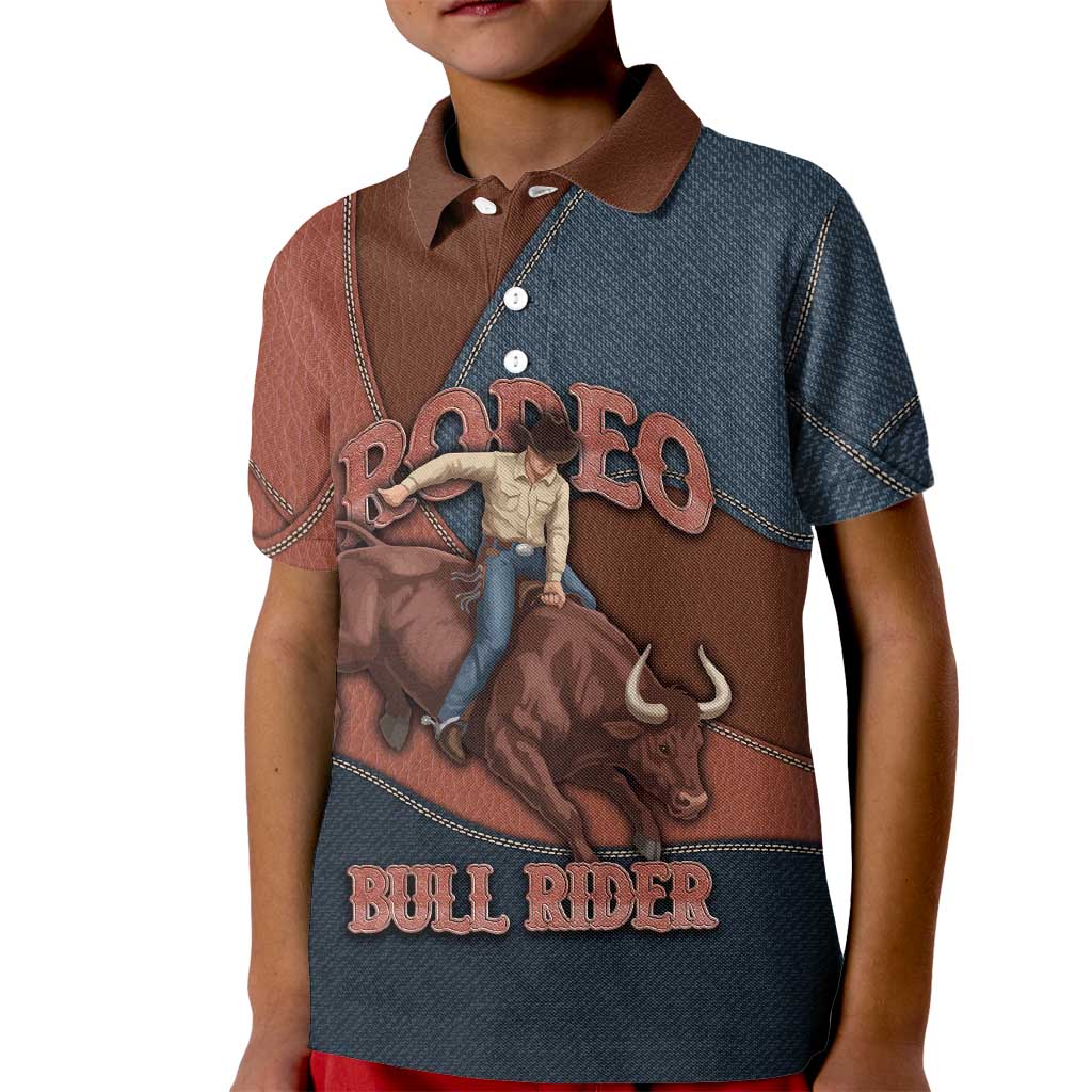 Bull Riding Kid Polo Shirt Western Cowboy Denim And Leather Effect