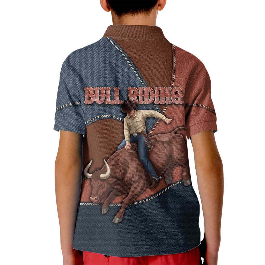 Bull Riding Kid Polo Shirt Western Cowboy Denim And Leather Effect