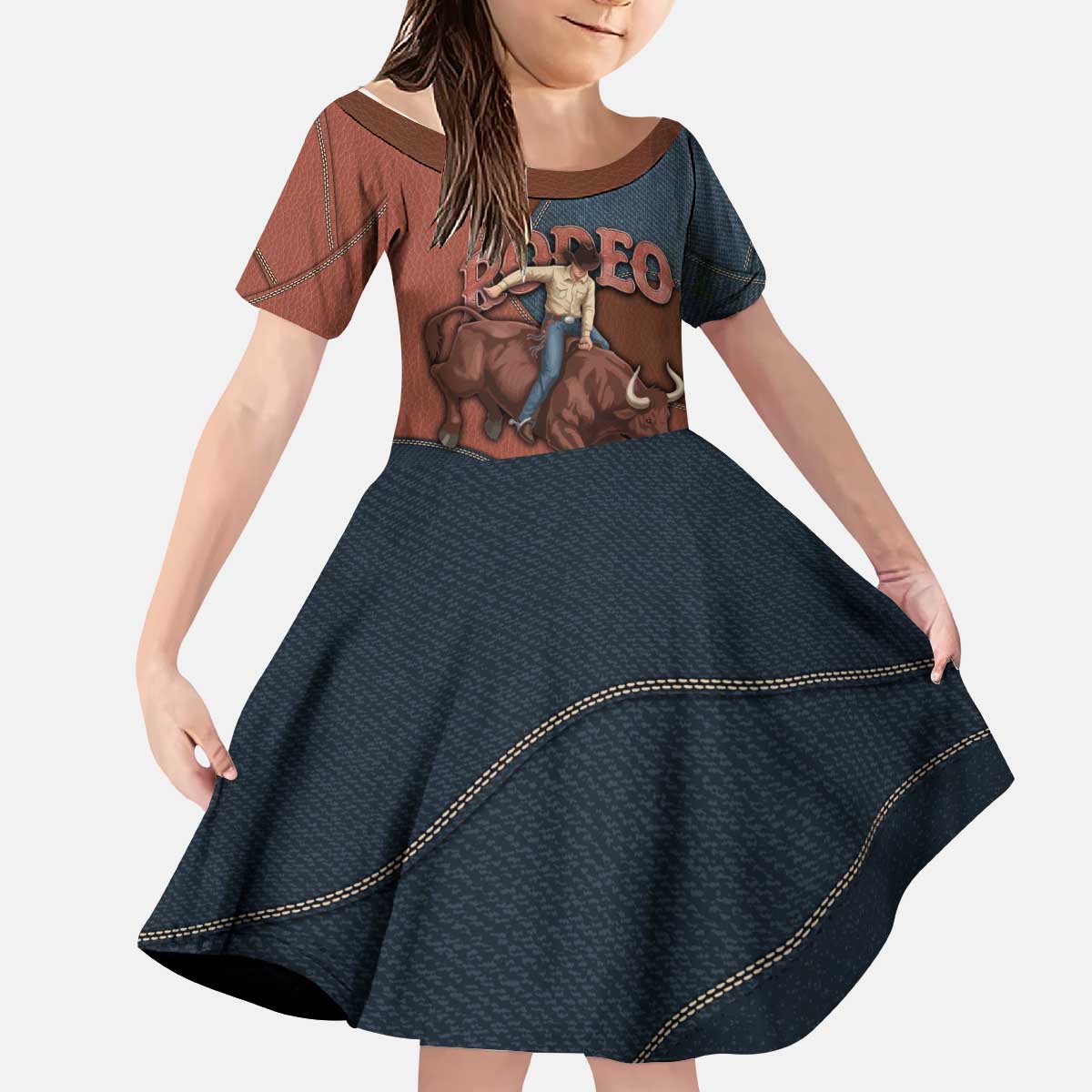 Bull Riding Kid Short Sleeve Dress Western Cowboy Denim And Leather Effect