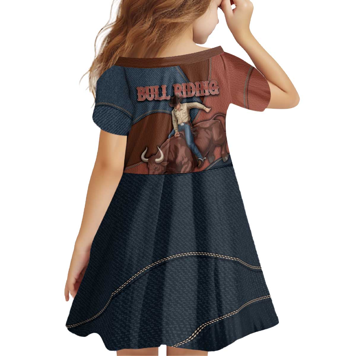 Bull Riding Kid Short Sleeve Dress Western Cowboy Denim And Leather Effect