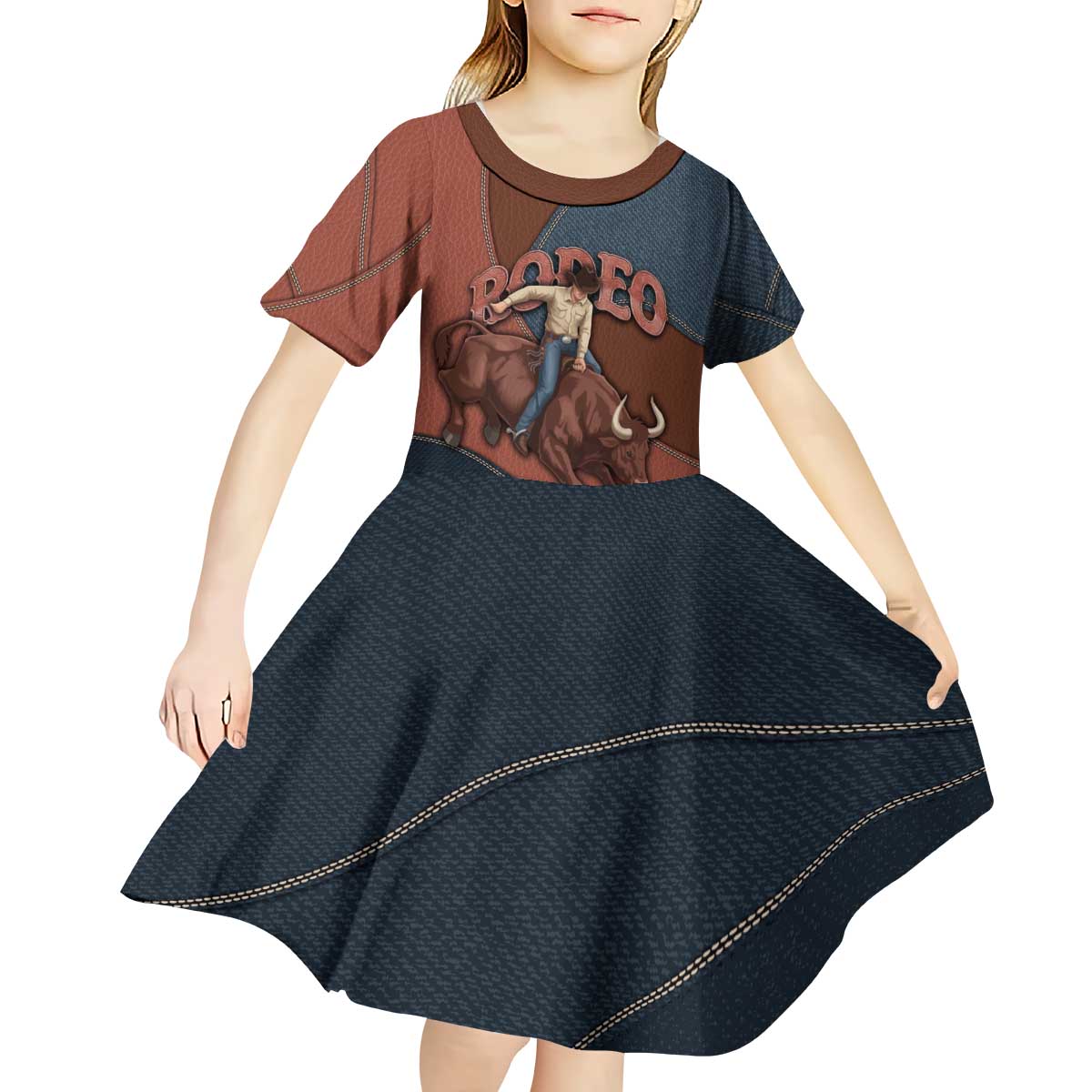 Bull Riding Kid Short Sleeve Dress Western Cowboy Denim And Leather Effect