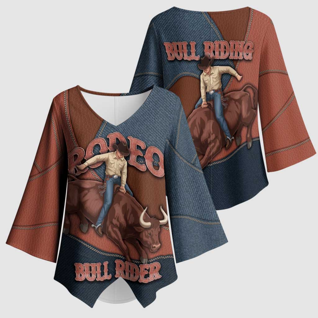 Bull Riding Kimono Sleeve Blouse Western Cowboy Denim And Leather Effect