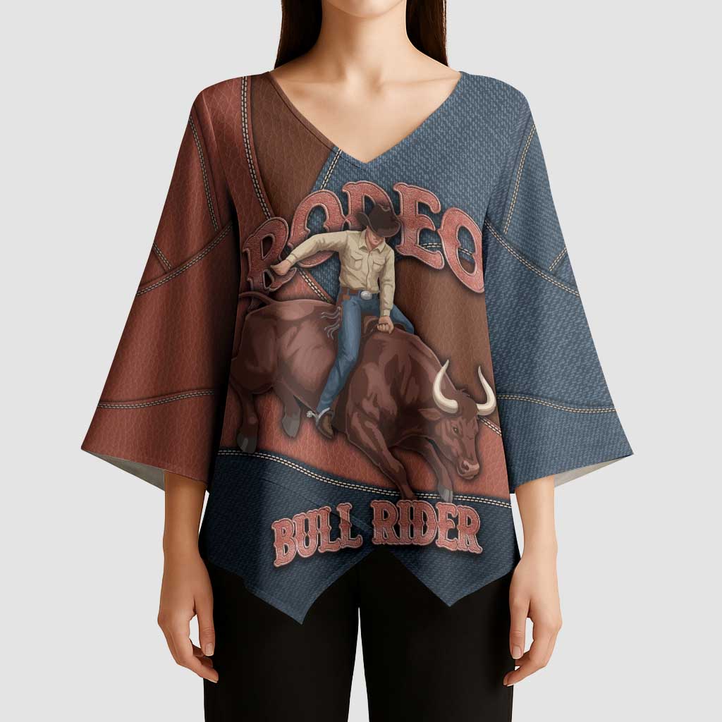 Bull Riding Kimono Sleeve Blouse Western Cowboy Denim And Leather Effect
