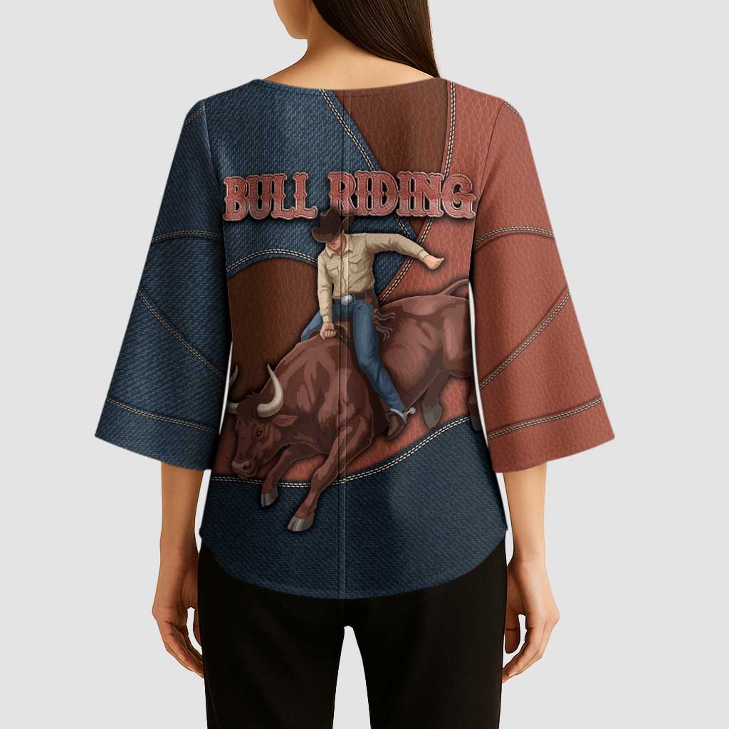 Bull Riding Kimono Sleeve Blouse Western Cowboy Denim And Leather Effect