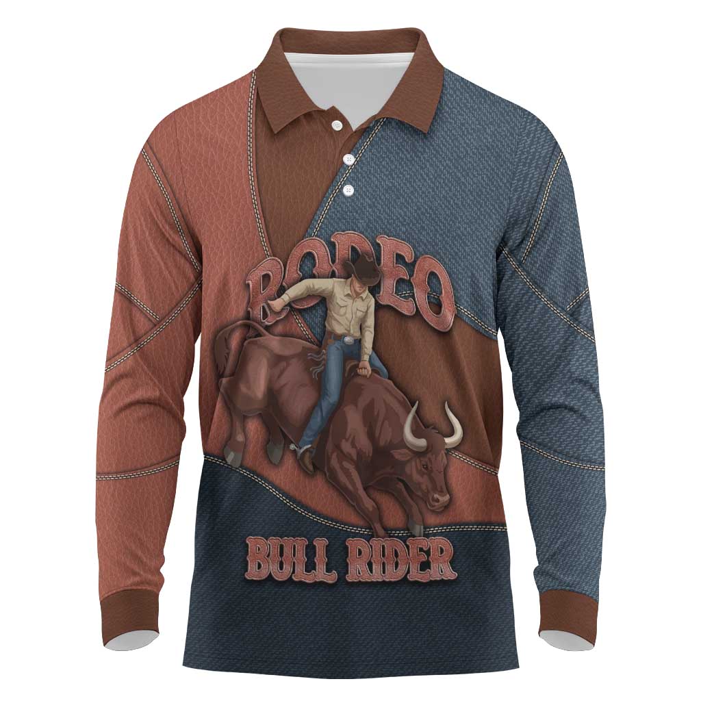 Bull Riding Long Sleeve Polo Shirt Western Cowboy Denim And Leather Effect
