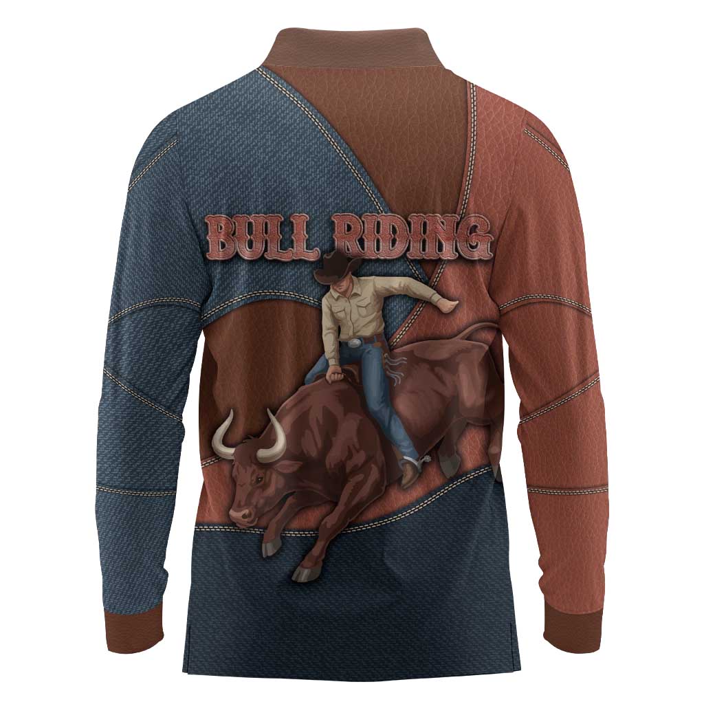 Bull Riding Long Sleeve Polo Shirt Western Cowboy Denim And Leather Effect