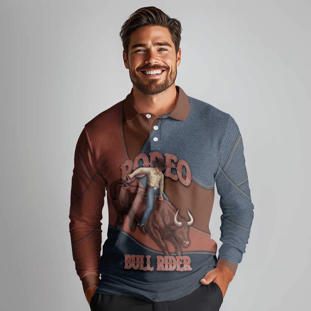 Bull Riding Long Sleeve Polo Shirt Western Cowboy Denim And Leather Effect