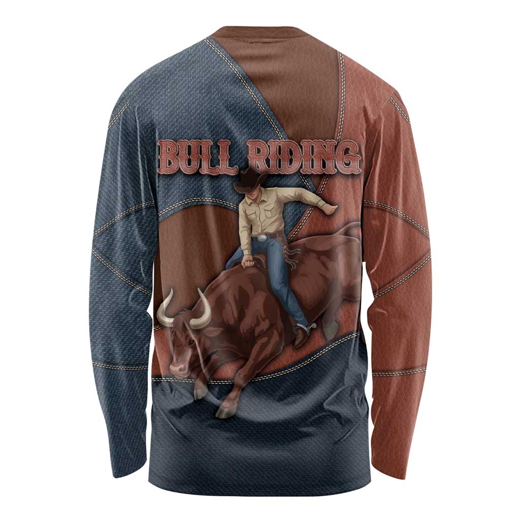 Bull Riding Long Sleeve Shirt Western Cowboy Denim And Leather Effect