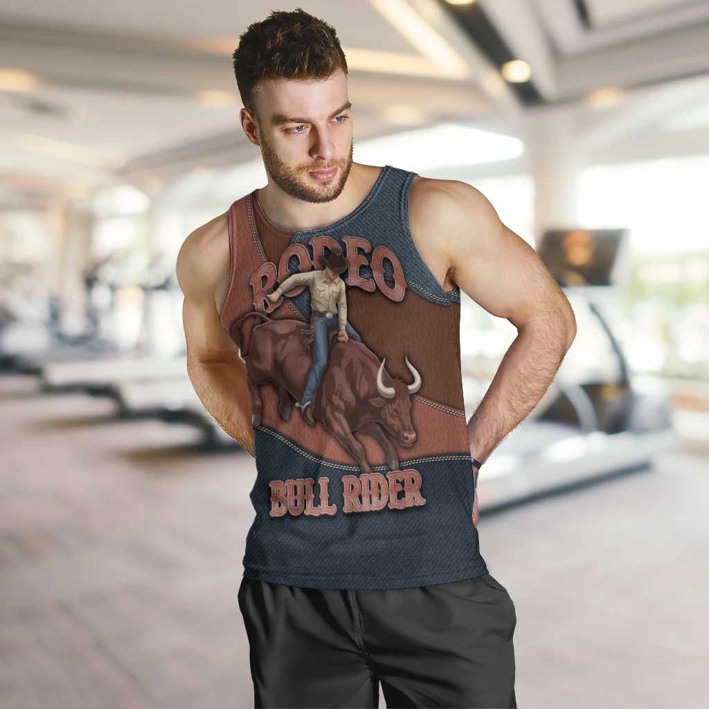 Bull Riding Men Tank Top Western Cowboy Denim And Leather Effect