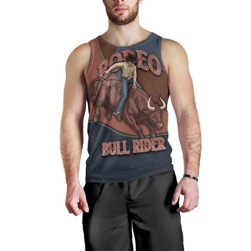 Bull Riding Men Tank Top Western Cowboy Denim And Leather Effect