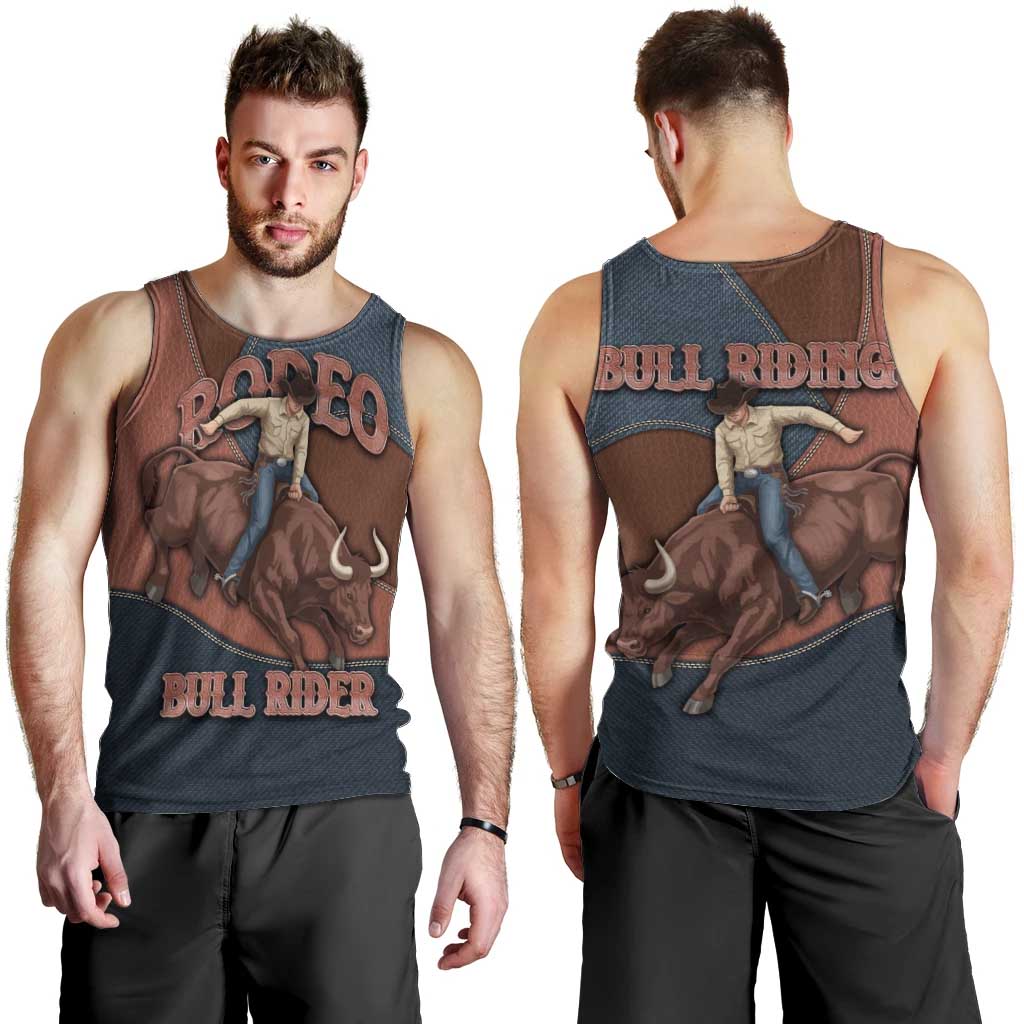 Bull Riding Men Tank Top Western Cowboy Denim And Leather Effect