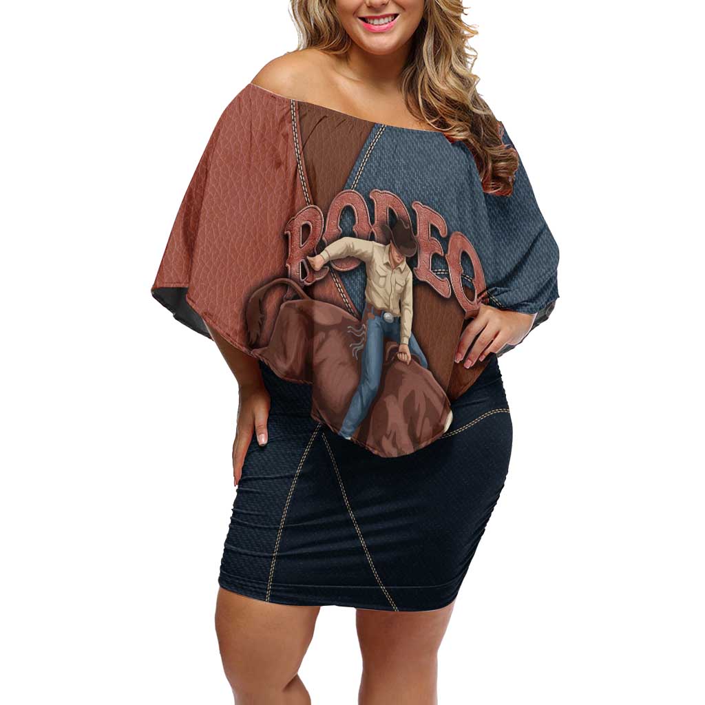 Bull Riding Off Shoulder Short Dress Western Cowboy Denim And Leather Effect
