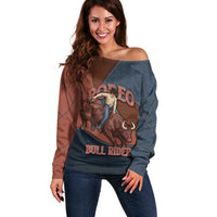 Bull Riding Off Shoulder Sweater Western Cowboy Denim And Leather Effect