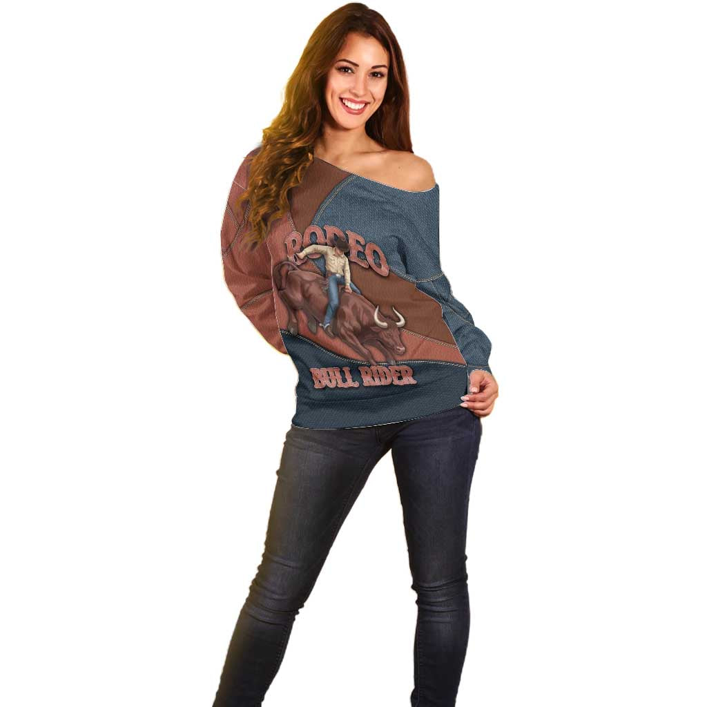 Bull Riding Off Shoulder Sweater Western Cowboy Denim And Leather Effect