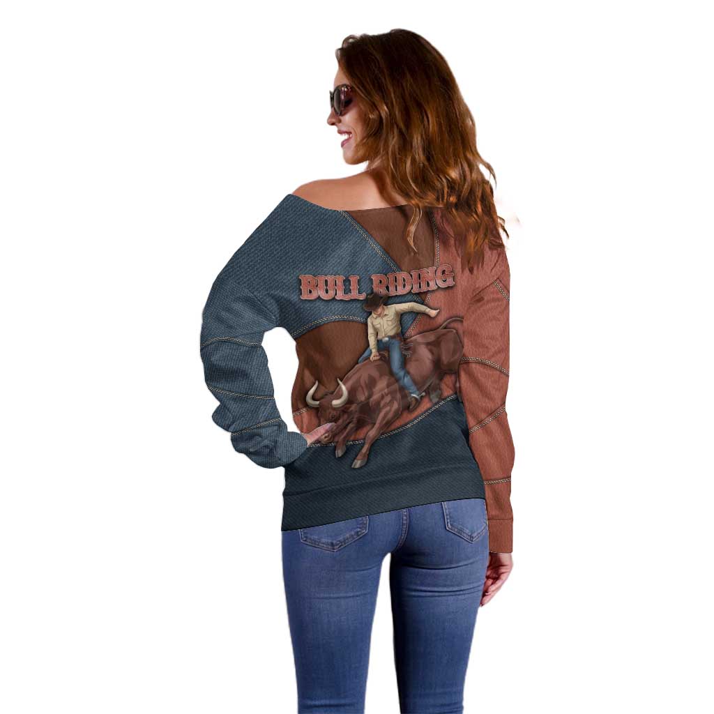Bull Riding Off Shoulder Sweater Western Cowboy Denim And Leather Effect