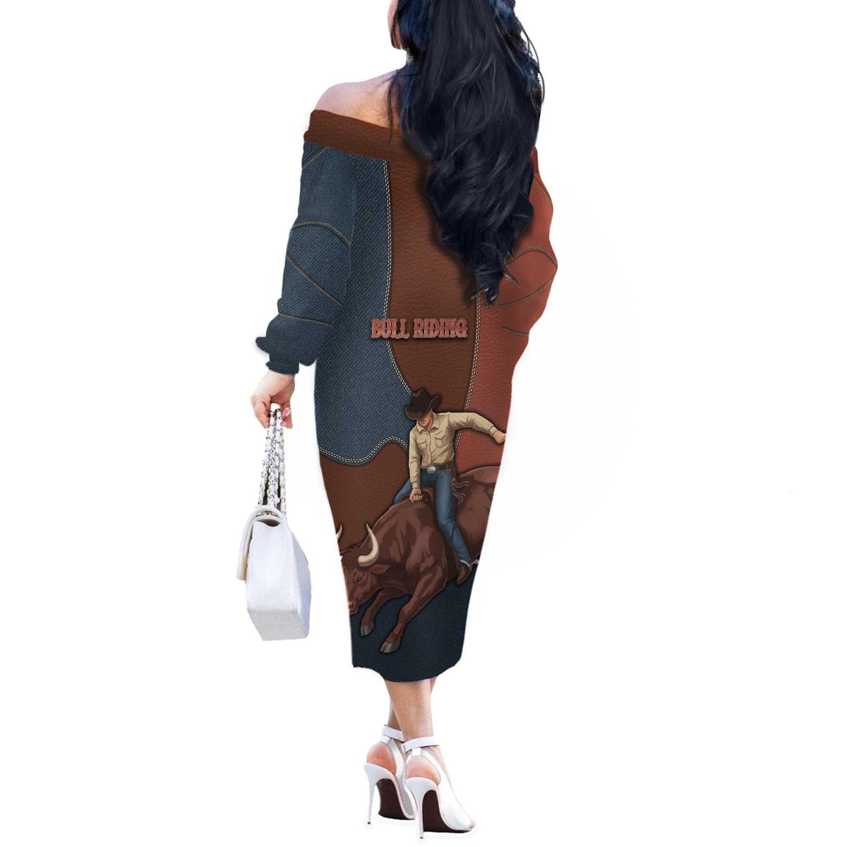 Bull Riding Off The Shoulder Long Sleeve Dress Western Cowboy Denim And Leather Effect