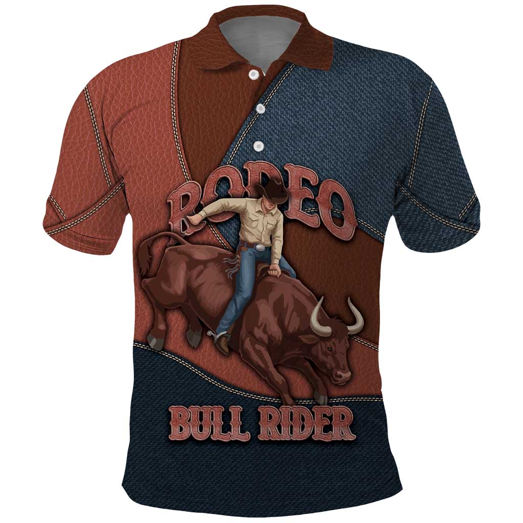 Bull Riding Polo Shirt Western Cowboy Denim And Leather Effect