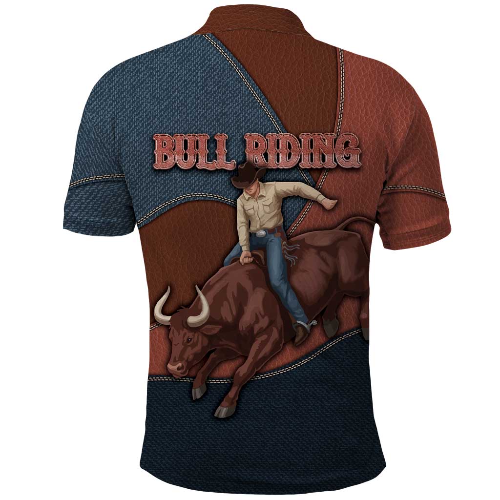 Bull Riding Polo Shirt Western Cowboy Denim And Leather Effect